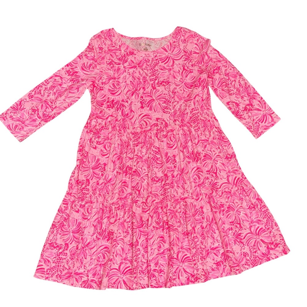 Lilly Pulitzer Mini Loro Dress Kids XL 12-14 Pink EUC Floral Tiered Flawless